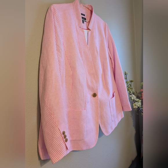 Talbots Aberdeen Womens Linen Cotton Blazer 18W Pink Striped Lined Jacket Coat - Picture 3 of 11